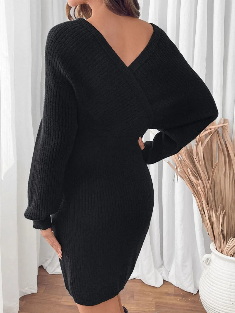 Perfee Surplice Long Sleeve Sweater Dress - Diverse Creations & Companysweater dressBlack