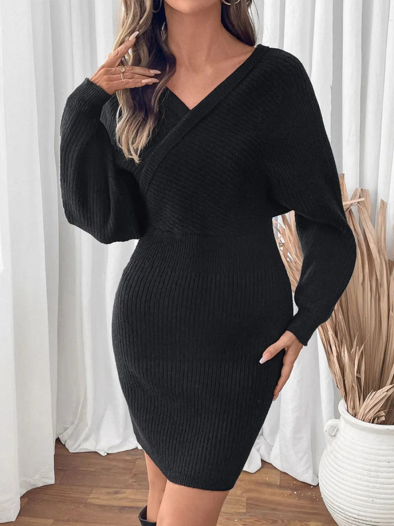 Perfee Surplice Long Sleeve Sweater Dress - Diverse Creations & Companysweater dressBlack