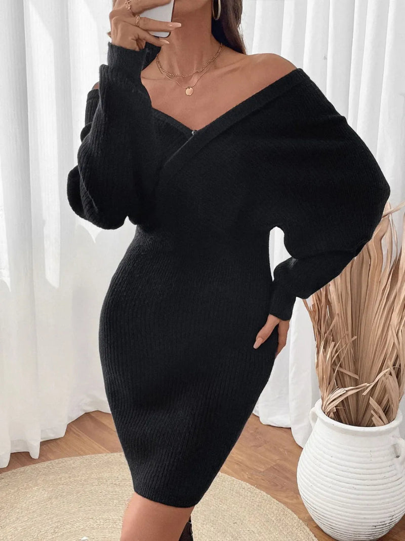 Perfee Surplice Long Sleeve Sweater Dress - Diverse Creations & Companysweater dressBlack