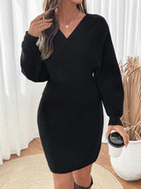 Perfee Surplice Long Sleeve Sweater Dress - Diverse Creations & Companysweater dressBlack