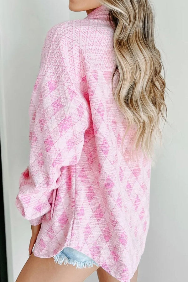 Plaid Collared Neck Long Sleeve Jacket - Diverse Creations & CompanyPlaid Collared Neck Long Sleeve JacketBlush Pink