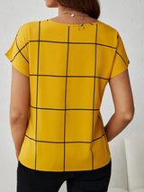 Plaid Contrast Notched Blouse - Diverse Creations & CompanyPlaid Contrast Notched BlouseGold
