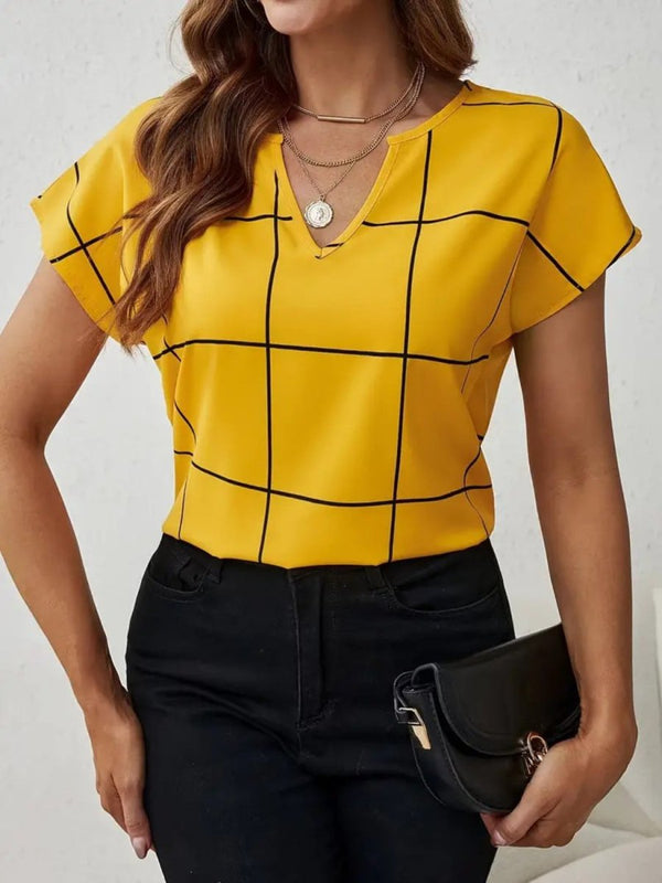Plaid Contrast Notched Blouse - Diverse Creations & CompanyPlaid Contrast Notched BlouseGold