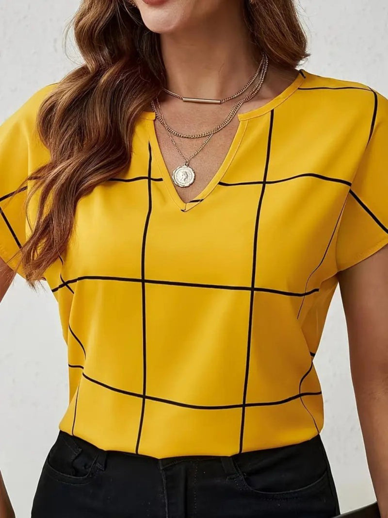 Plaid Contrast Notched Blouse - Diverse Creations & CompanyPlaid Contrast Notched BlouseGold