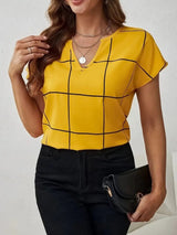 Plaid Contrast Notched Blouse - Diverse Creations & CompanyPlaid Contrast Notched BlouseGold