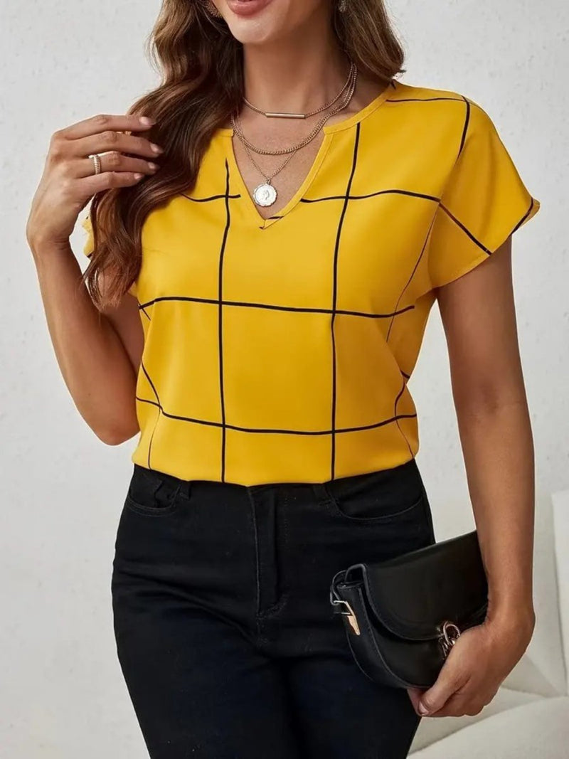 Plaid Contrast Notched Blouse - Diverse Creations & CompanyPlaid Contrast Notched BlouseGold
