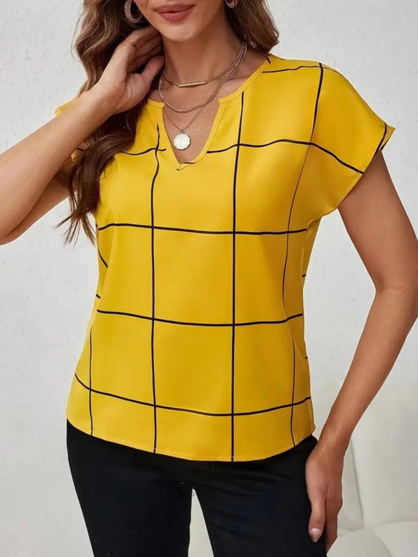 Plaid Contrast Notched Blouse - Diverse Creations & CompanyPlaid Contrast Notched BlouseGold