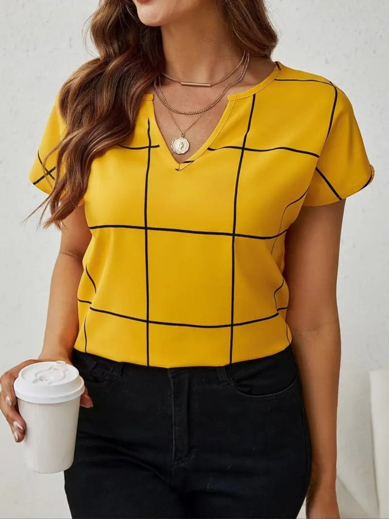 Plaid Contrast Notched Blouse - Diverse Creations & CompanyPlaid Contrast Notched BlouseGold