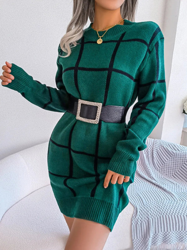 Plaid Round Neck Dropped Shoulder Sweater Dress - Diverse Creations & Companysweater dressDark Green