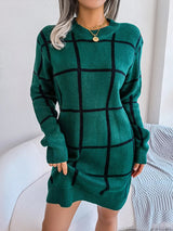 Plaid Round Neck Dropped Shoulder Sweater Dress - Diverse Creations & Companysweater dressDark Green
