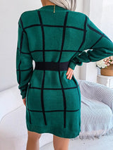 Plaid Round Neck Dropped Shoulder Sweater Dress - Diverse Creations & Companysweater dressDark Green