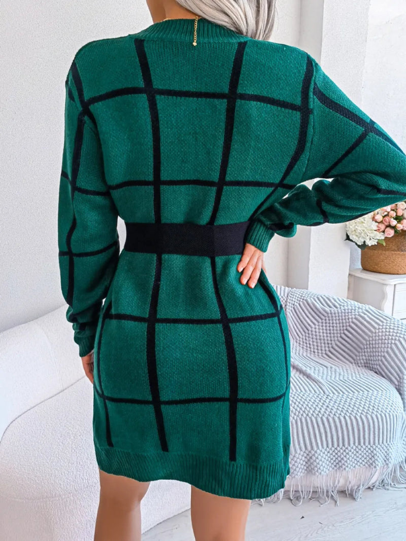 Plaid Round Neck Dropped Shoulder Sweater Dress - Diverse Creations & Companysweater dressDark Green