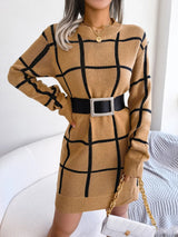 Plaid Round Neck Dropped Shoulder Sweater Dress - Diverse Creations & Companysweater dressKhaki