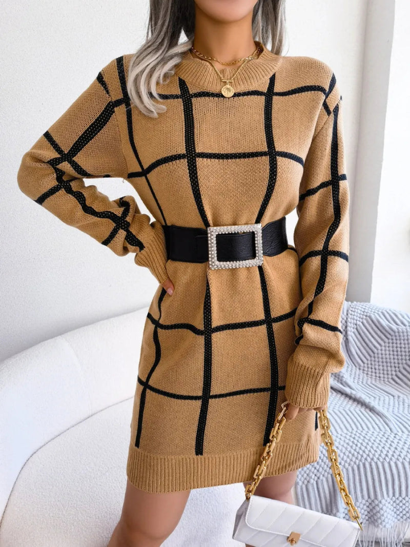 Plaid Round Neck Dropped Shoulder Sweater Dress - Diverse Creations & Companysweater dressKhaki