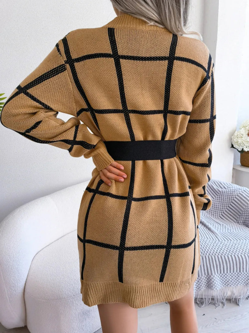 Plaid Round Neck Dropped Shoulder Sweater Dress - Diverse Creations & Companysweater dressKhaki