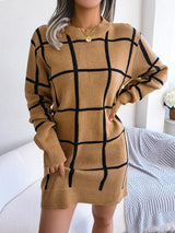 Plaid Round Neck Dropped Shoulder Sweater Dress - Diverse Creations & Companysweater dressKhaki