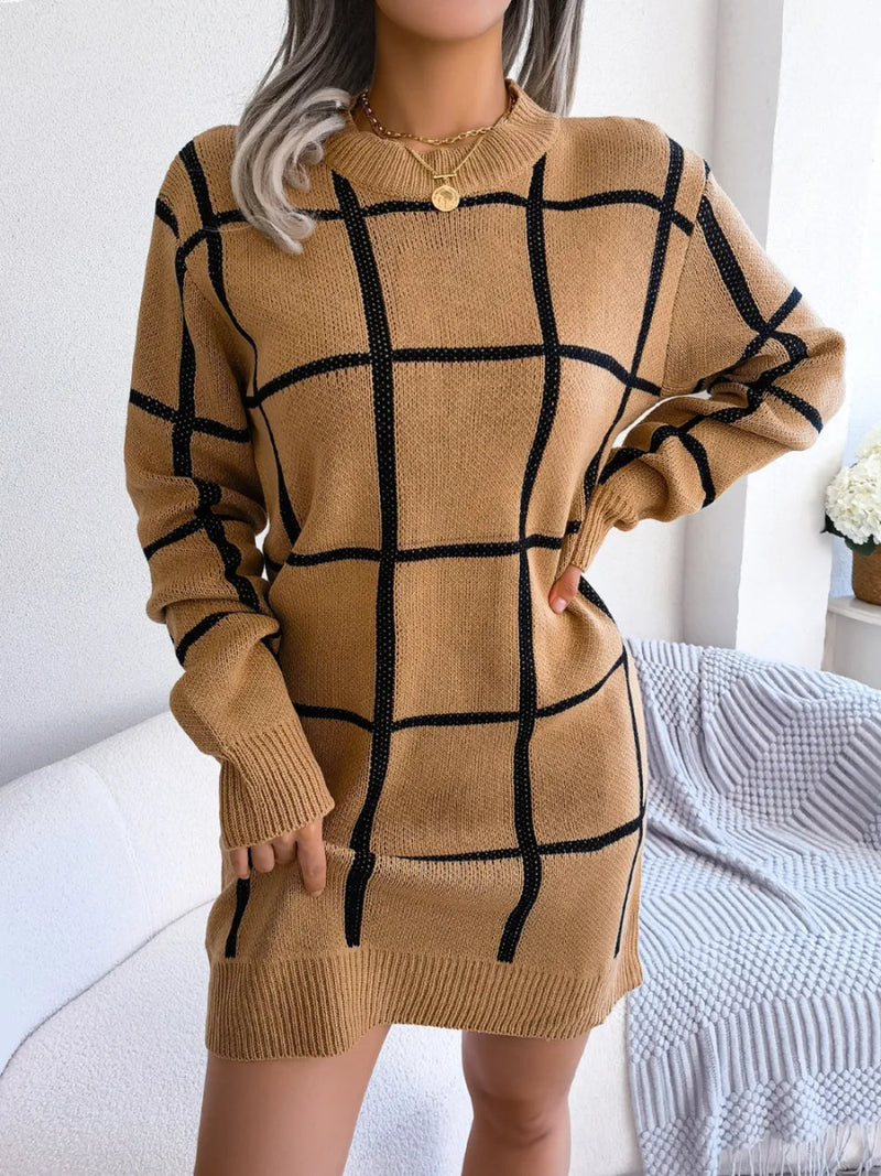 Plaid Round Neck Dropped Shoulder Sweater Dress - Diverse Creations & Companysweater dressKhaki