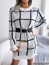 Plaid Round Neck Dropped Shoulder Sweater Dress - Diverse Creations & Companysweater dressWhite