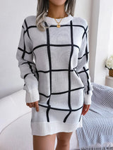 Plaid Round Neck Dropped Shoulder Sweater Dress - Diverse Creations & Companysweater dressWhite