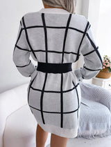 Plaid Round Neck Dropped Shoulder Sweater Dress - Diverse Creations & Companysweater dressWhite