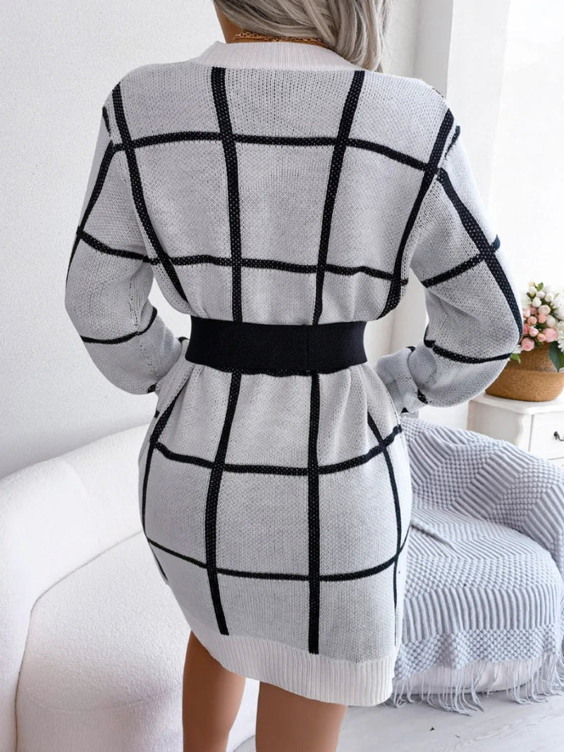Plaid Round Neck Dropped Shoulder Sweater Dress - Diverse Creations & Companysweater dressWhite