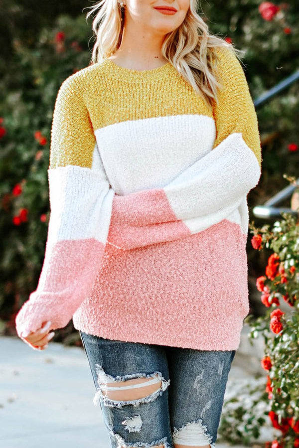 Plus Size Color Block Gold and Pink Round Neck Sweater - Diverse Creations & CompanyPlus Size Color Block Gold and Pink Round Neck SweaterYellow