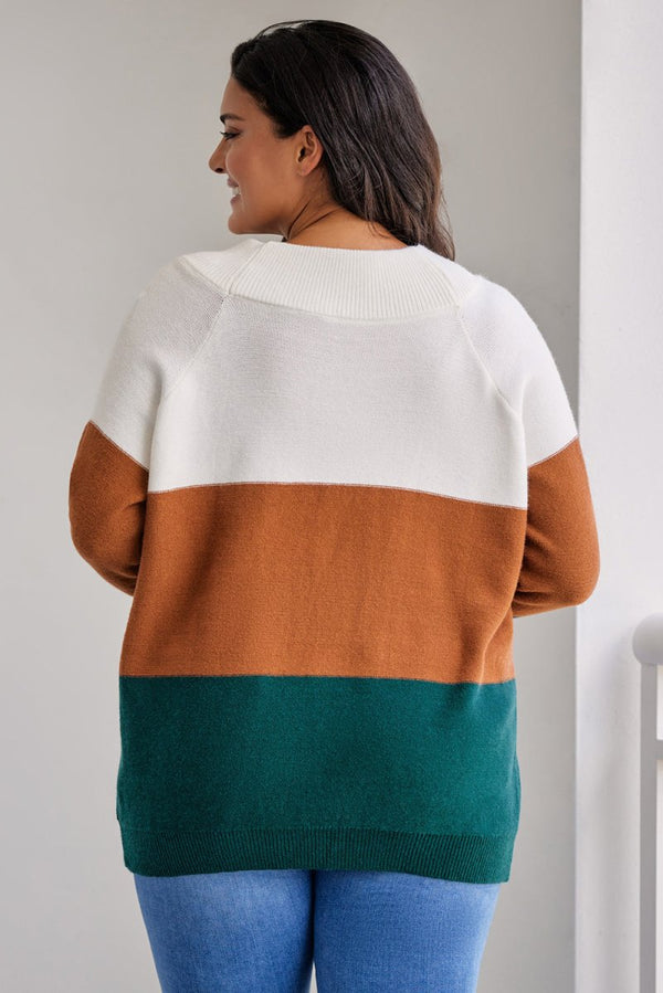 Plus Size Color Block Long Sleeve Sweater - Diverse Creations & CompanyPlus Size Color Block Long Sleeve SweaterCaramel