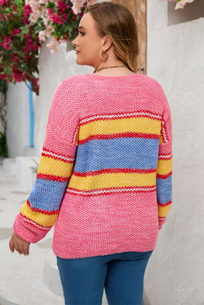 Plus Size Color Block Round Neck Long Sleeve Sweater - Diverse Creations & CompanyPlus Size Color Block Round Neck Long Sleeve SweaterHot Pink