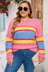 Plus Size Color Block Round Neck Long Sleeve Sweater - Diverse Creations & CompanyPlus Size Color Block Round Neck Long Sleeve SweaterHot Pink