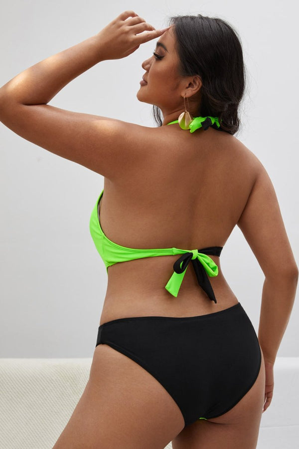 Plus Size Contrast Halter Neck Tied One-Piece Swimsuit - Diverse Creations & Companyone piece swimsuitBlack/Green