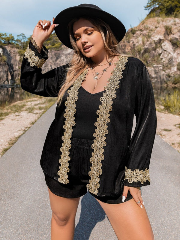 Plus Size Contrast Long Sleeve Top and Shorts Set - Diverse Creations & CompanyPlus Size Contrast Long Sleeve Top and Shorts SetBlack