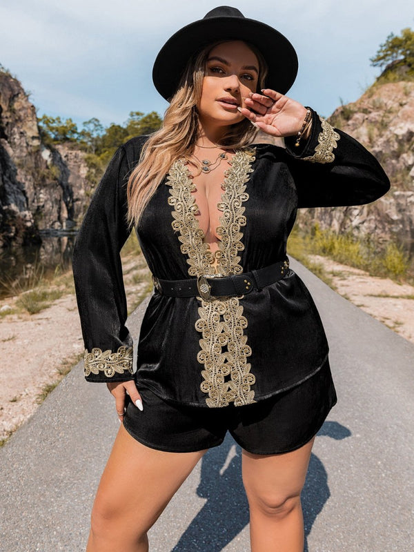 Plus Size Contrast Long Sleeve Top and Shorts Set - Diverse Creations & CompanyPlus Size Contrast Long Sleeve Top and Shorts SetBlack