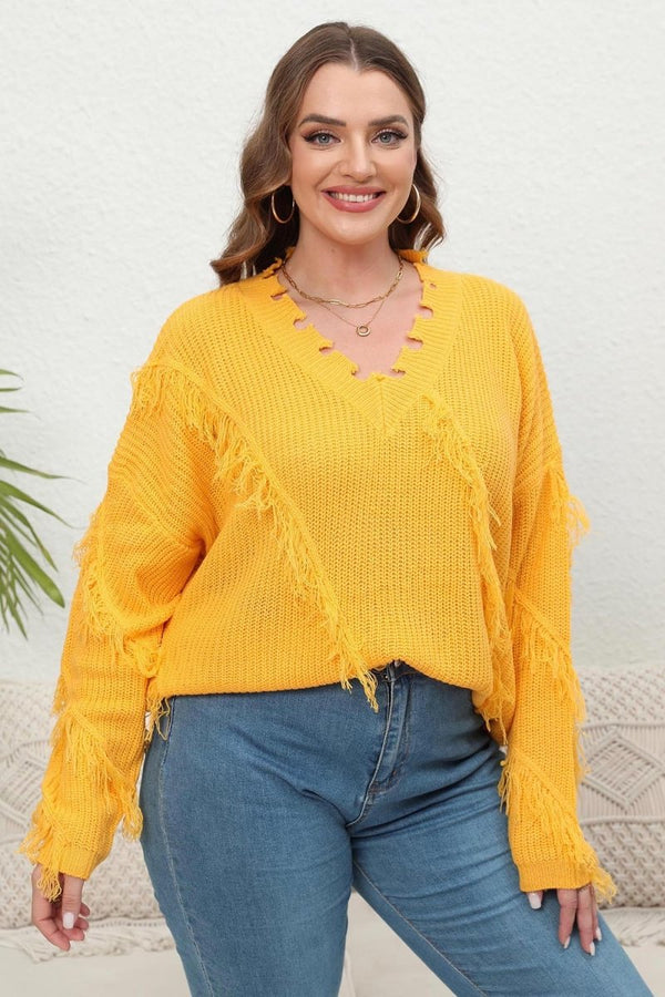 Plus Size Fringe V - Neck Long Sleeve Sweater - Diverse Creations & CompanyPlus Size Fringe V - Neck Long Sleeve SweaterBanana Yellow