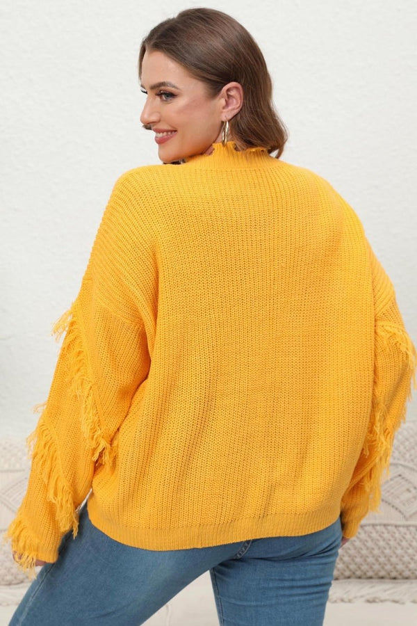 Plus Size Fringe V - Neck Long Sleeve Sweater - Diverse Creations & CompanyPlus Size Fringe V - Neck Long Sleeve SweaterBanana Yellow