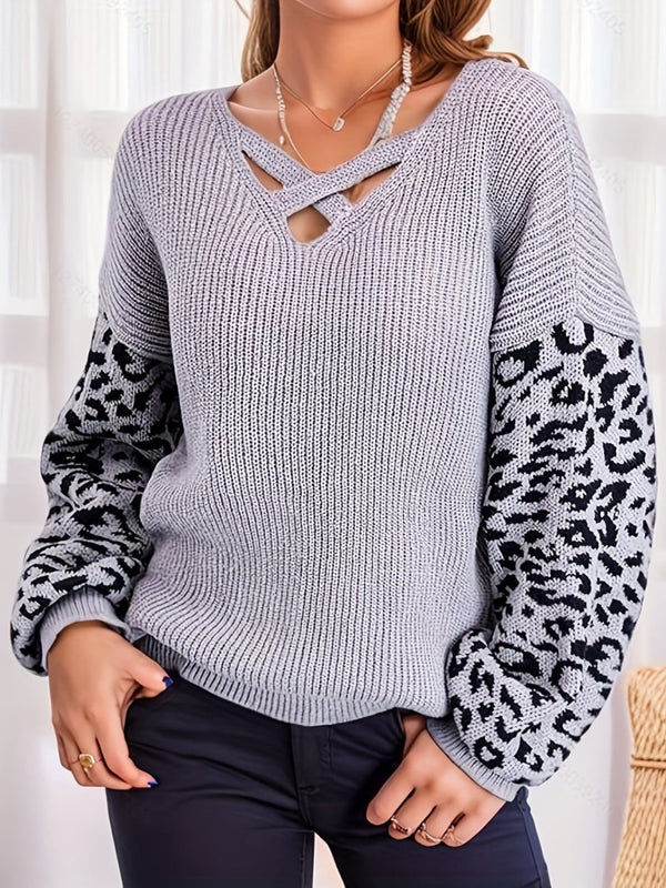 Plus Size Leopard Crisscross V - Neck Sweater - Diverse Creations & Companyplus size sweater womenHeather Gray