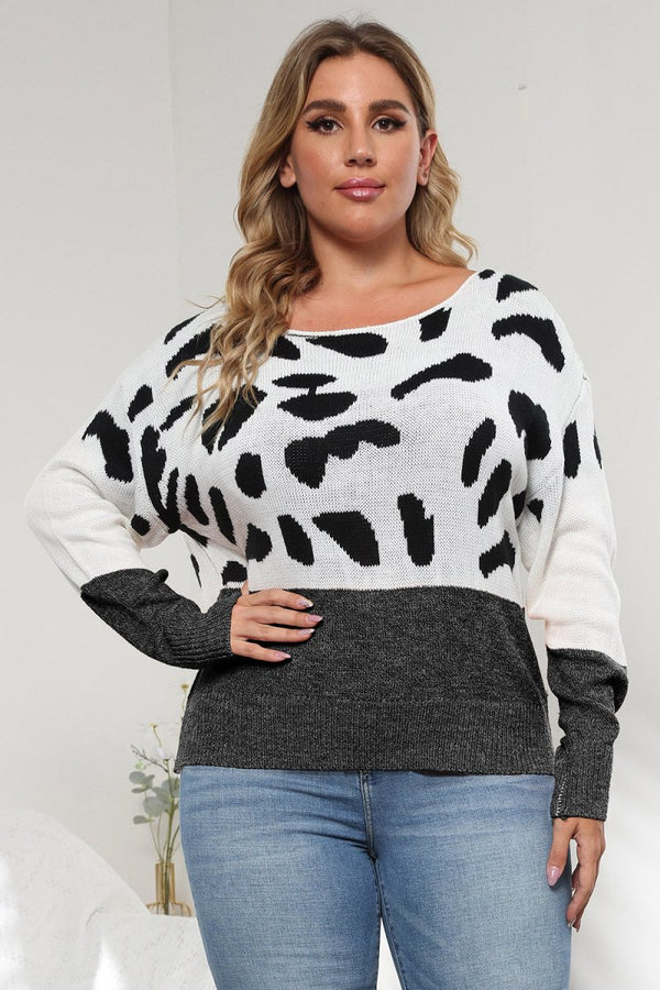 Plus Size Leopard Round Neck Long Sleeve Sweater - Diverse Creations & CompanyPlus Size Leopard Round Neck Long Sleeve SweaterBlack