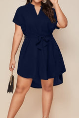 Plus Size Notched Tie Waist Mini Dress - Diverse Creations & CompanyPlus Size Notched Tie Waist Mini DressDark Blue