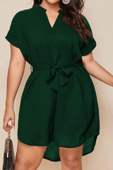 Plus Size Notched Tie Waist Mini Dress - Diverse Creations & CompanyPlus Size Notched Tie Waist Mini DressDark Green