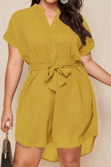 Plus Size Notched Tie Waist Mini Dress - Diverse Creations & CompanyPlus Size Notched Tie Waist Mini DressMustard