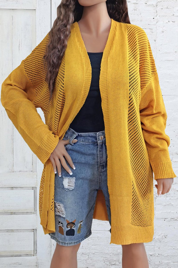 Plus Size Openwork Long Sleeve Open Front Cardigan - Diverse Creations & CompanyPlus Size Openwork Long Sleeve Open Front CardiganTrue Yellow