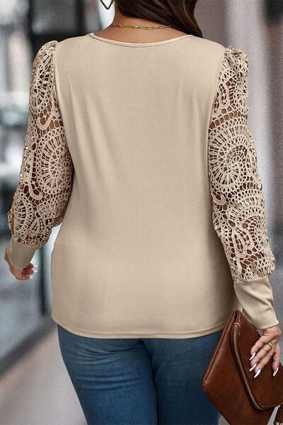 Plus Size Openwork Scoop Neck Long Sleeve Blouse - Diverse Creations & CompanyScoop Neck Long Sleeve BlouseDust Storm