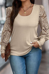 Plus Size Openwork Scoop Neck Long Sleeve Blouse - Diverse Creations & CompanyScoop Neck Long Sleeve BlouseDust Storm