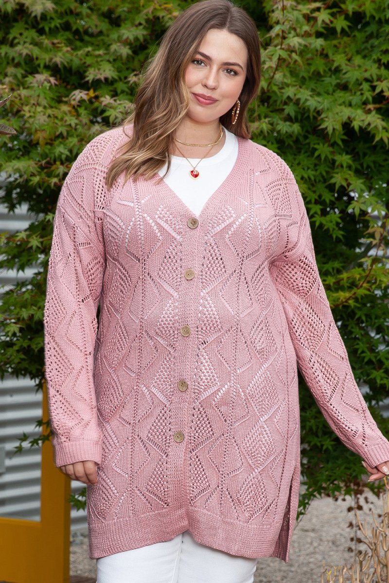 Plus Size Openwork V - Neck Long Sleeve Buttoned Cardigan - Diverse Creations & CompanyPlus Size Openwork V - Neck Long Sleeve Buttoned CardiganDusty Pink