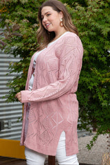 Plus Size Openwork V - Neck Long Sleeve Buttoned Cardigan - Diverse Creations & CompanyPlus Size Openwork V - Neck Long Sleeve Buttoned CardiganDusty Pink