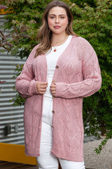 Plus Size Openwork V - Neck Long Sleeve Buttoned Cardigan - Diverse Creations & CompanyPlus Size Openwork V - Neck Long Sleeve Buttoned CardiganDusty Pink