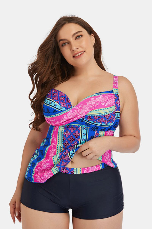 Plus Size Printed Crisscross Cutout Two-Piece Swim Set - Diverse Creations & Companytwo piece swim setPurple/Blue