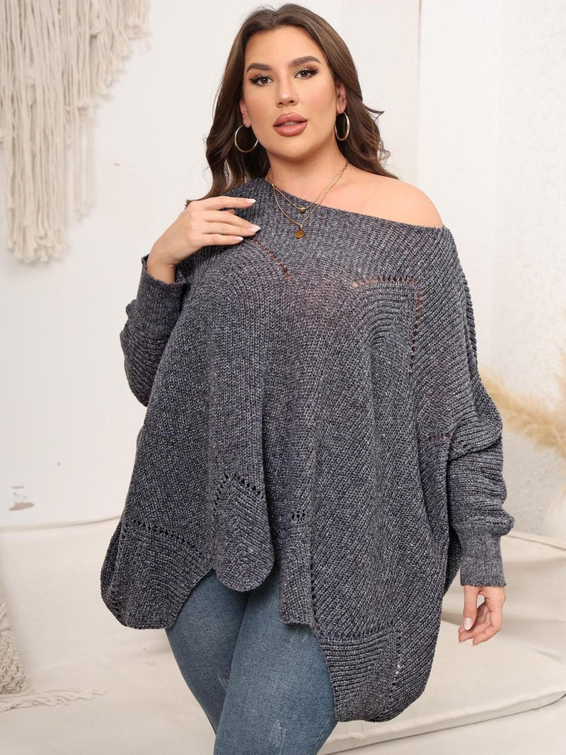 Plus Size Round Neck Batting Sleeve Sweater - Diverse Creations & CompanyPlus Size Round Neck Batting Sleeve SweaterCharcoal