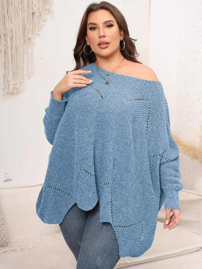 Plus Size Round Neck Batting Sleeve Sweater - Diverse Creations & CompanyPlus Size Round Neck Batting Sleeve SweaterSky Blue