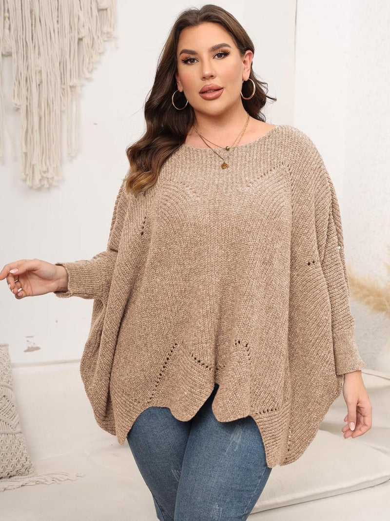 Plus Size Round Neck Batting Sleeve Sweater - Diverse Creations & CompanyPlus Size Round Neck Batting Sleeve SweaterTan