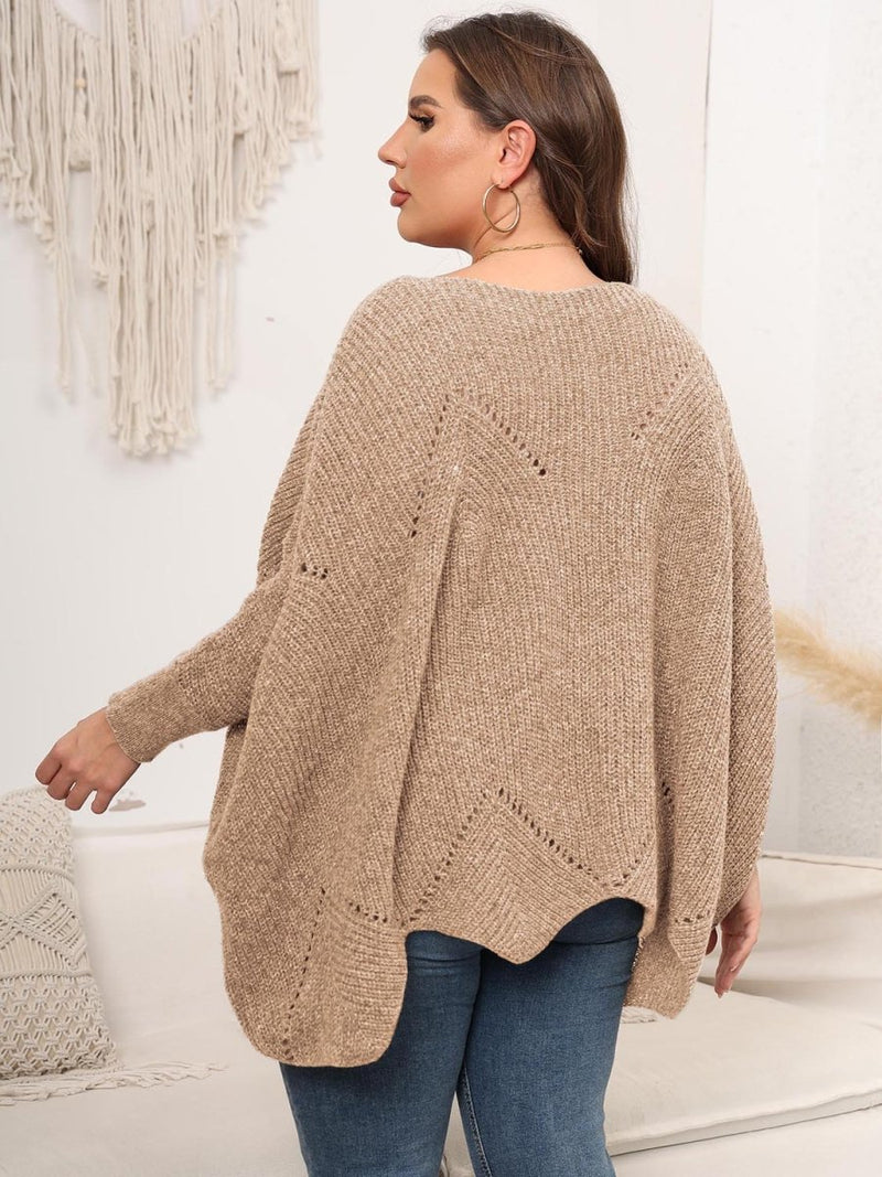 Plus Size Round Neck Batting Sleeve Sweater - Diverse Creations & CompanyPlus Size Round Neck Batting Sleeve SweaterTan